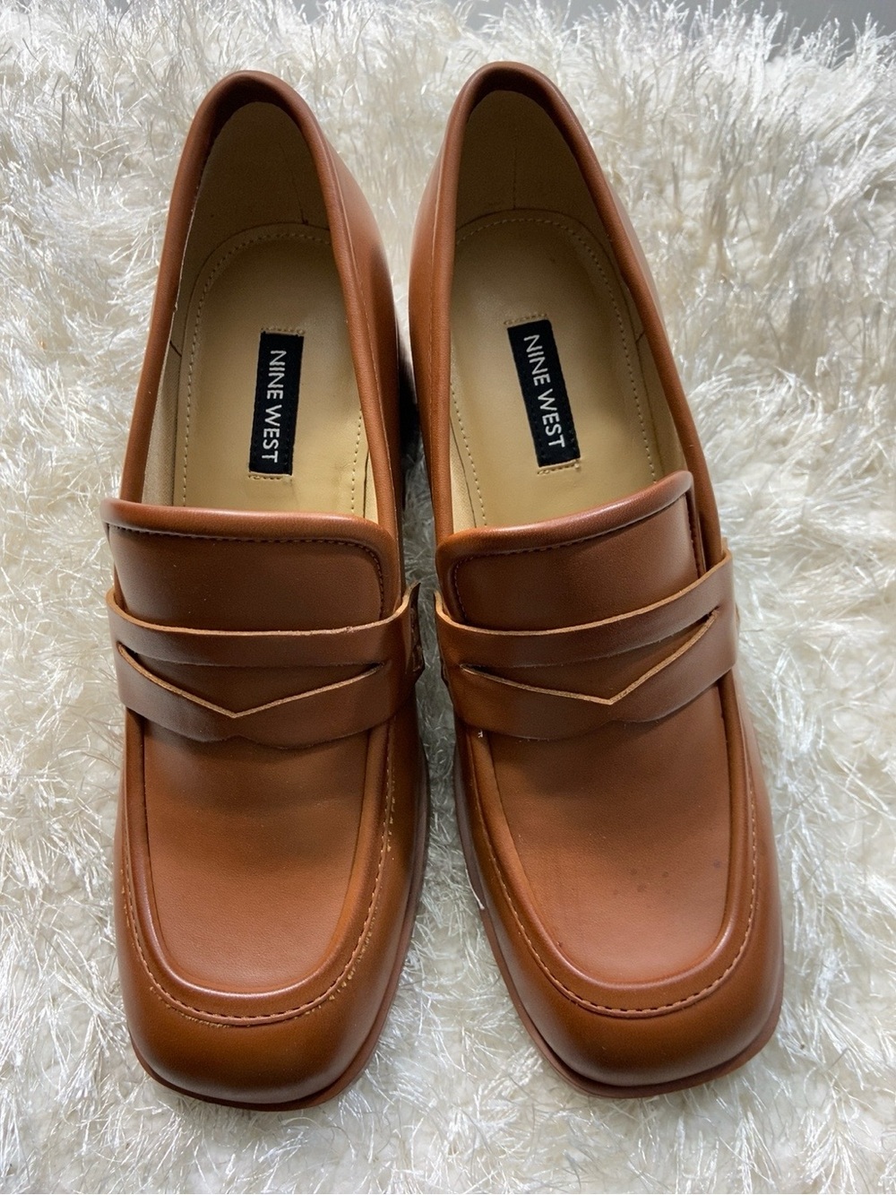 Nine West Brown Cognac Loafer Pumps Block Heel Size 6M